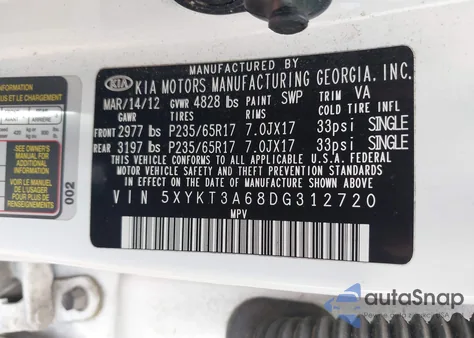 2013 Kia Sorento Lx from USA, damaged, VIN 5XYKT3A68DG312720